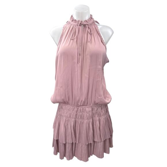 Pookie & Sebastian Pink Sleeveless Halter Ruffle Tiered Mini Blouson Dress Sz M - Picture 1 of 6
